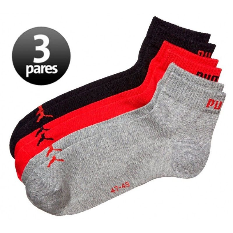 Pack de 3 pares de calcetines Puma Quarter Rojo/ Gris/ Negro
